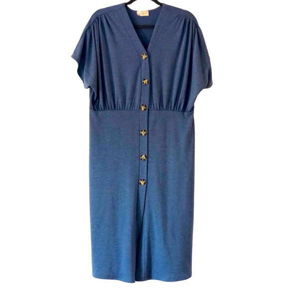 Liam & Co. Dolman Sleeve Button Front Blue Modest T-shirt Dress - Picture 1 of 4